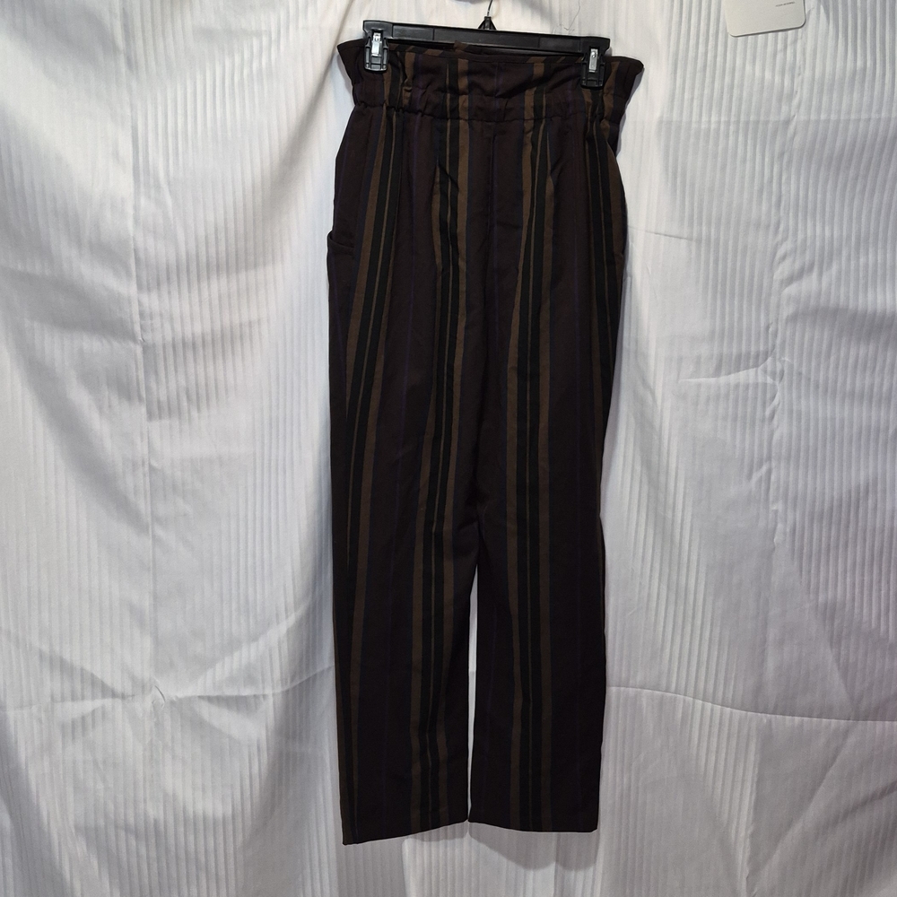 Zara Small High-Rise Striped Paperbag Trousers in Brown and Black - Picture 6 of 8